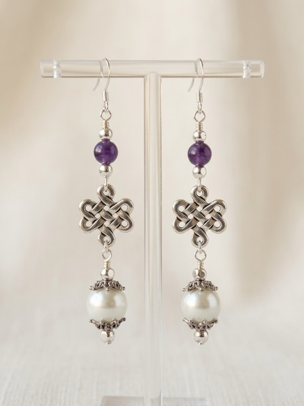 Amethyst & White Glass Pearl Eternity Knot Earrings